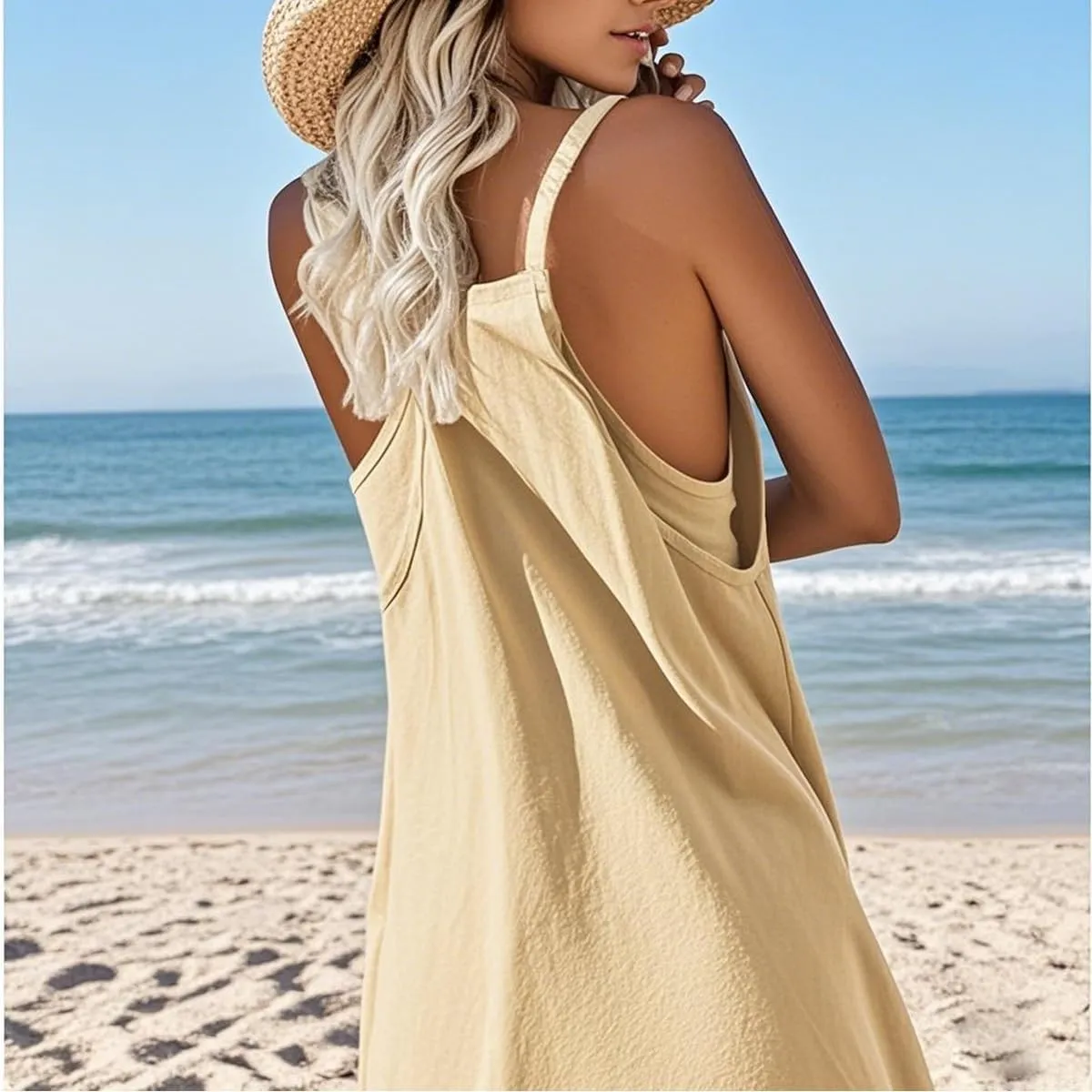 Flattering Plus Size Summer Dresses, Women's Sleeveless Mini Dress, Spaghetti Straps Built-in Shorts Sundress(Apricot,XX-Large)