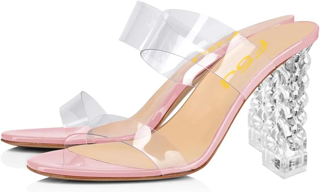 FSJ Women Clear Double Strap Mules Slip On Open Toe Sandals Transparent High Heels Shoes Size 4-15 US