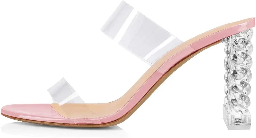 FSJ Women Clear Double Strap Mules Slip On Open Toe Sandals Transparent High Heels Shoes Size 4-15 US