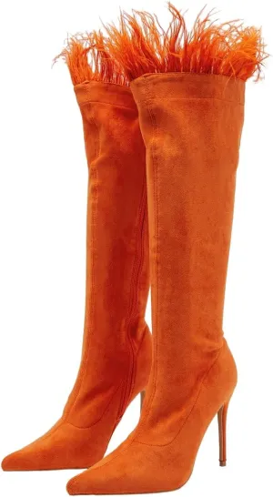 FSJ Women Sexy Crocodile Knee High Boots Stiletto Heels Pointed Toe Boots Opening with Feather Side Zipper Fashion Long Boots Shoes Size 4-16 US