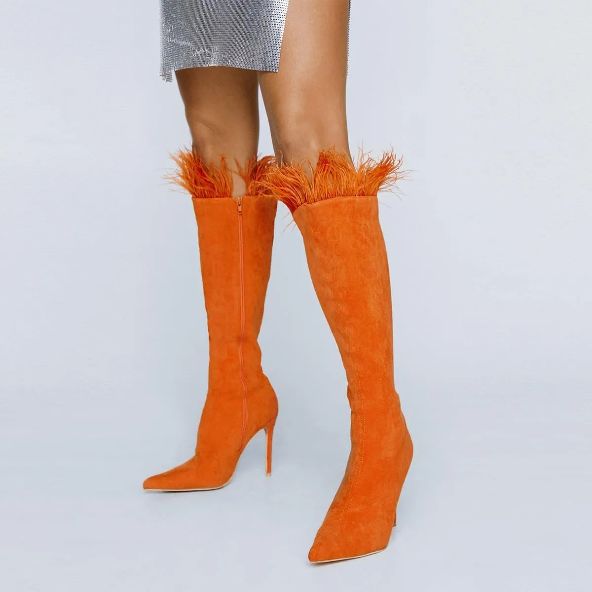 FSJ Women Sexy Crocodile Knee High Boots Stiletto Heels Pointed Toe Boots Opening with Feather Side Zipper Fashion Long Boots Shoes Size 4-16 US