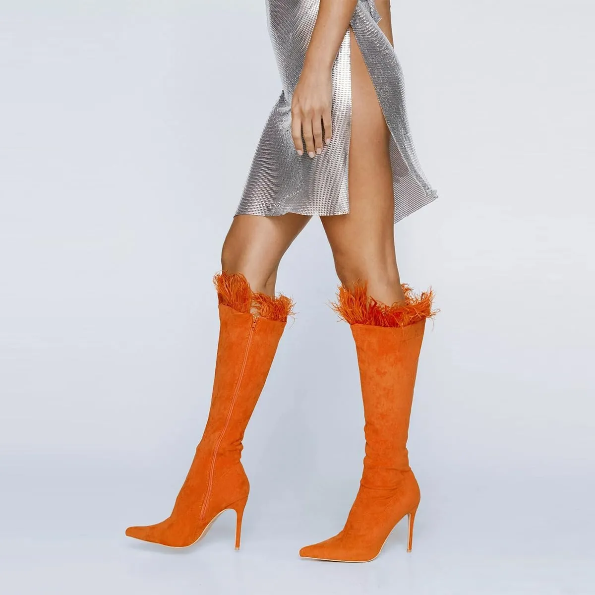 FSJ Women Sexy Crocodile Knee High Boots Stiletto Heels Pointed Toe Boots Opening with Feather Side Zipper Fashion Long Boots Shoes Size 4-16 US