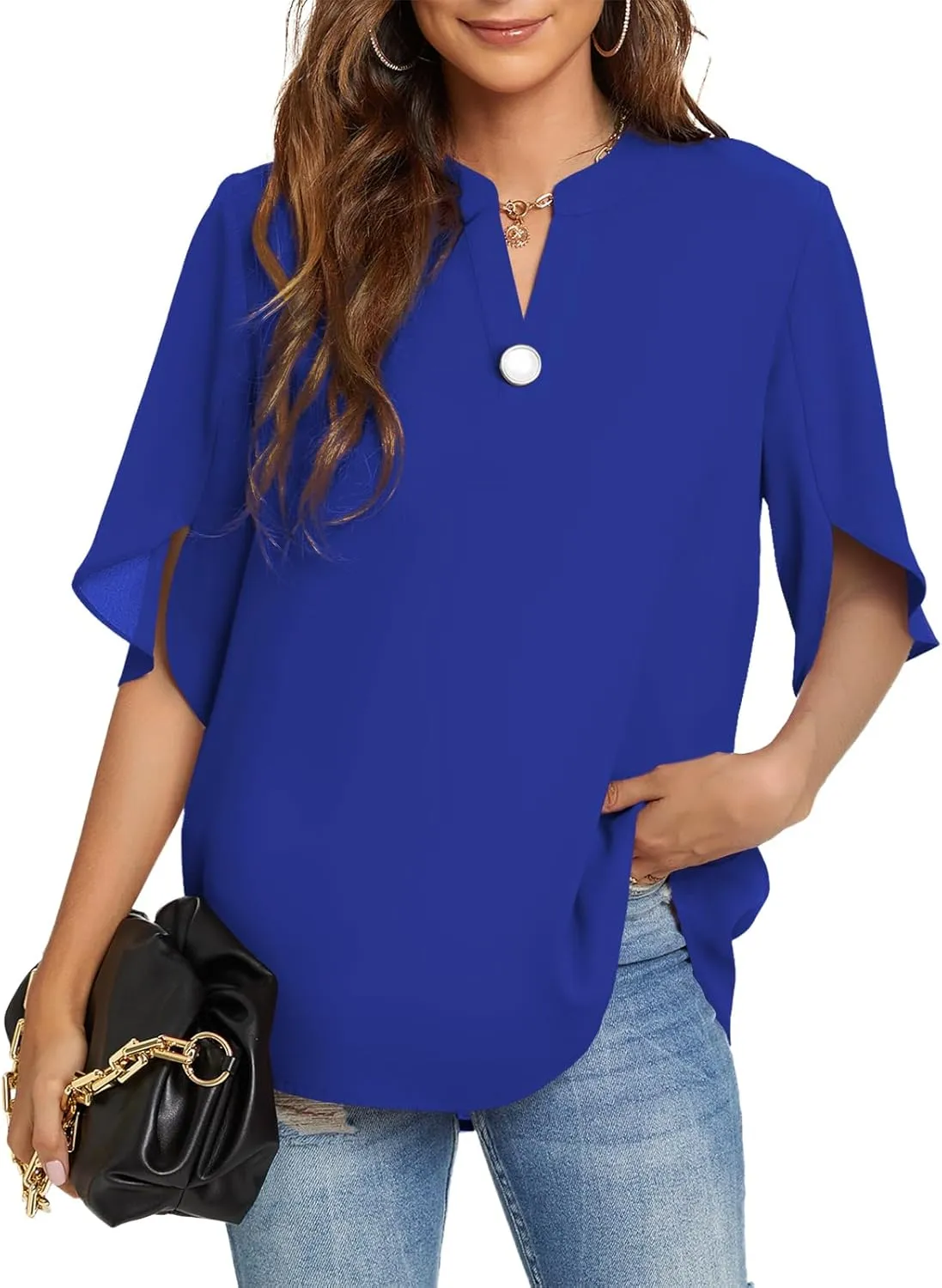 Funlingo Women's Summer Tops Short Sleeve Casual Shirts V Neck Chiffon Dressy Blouse Tops