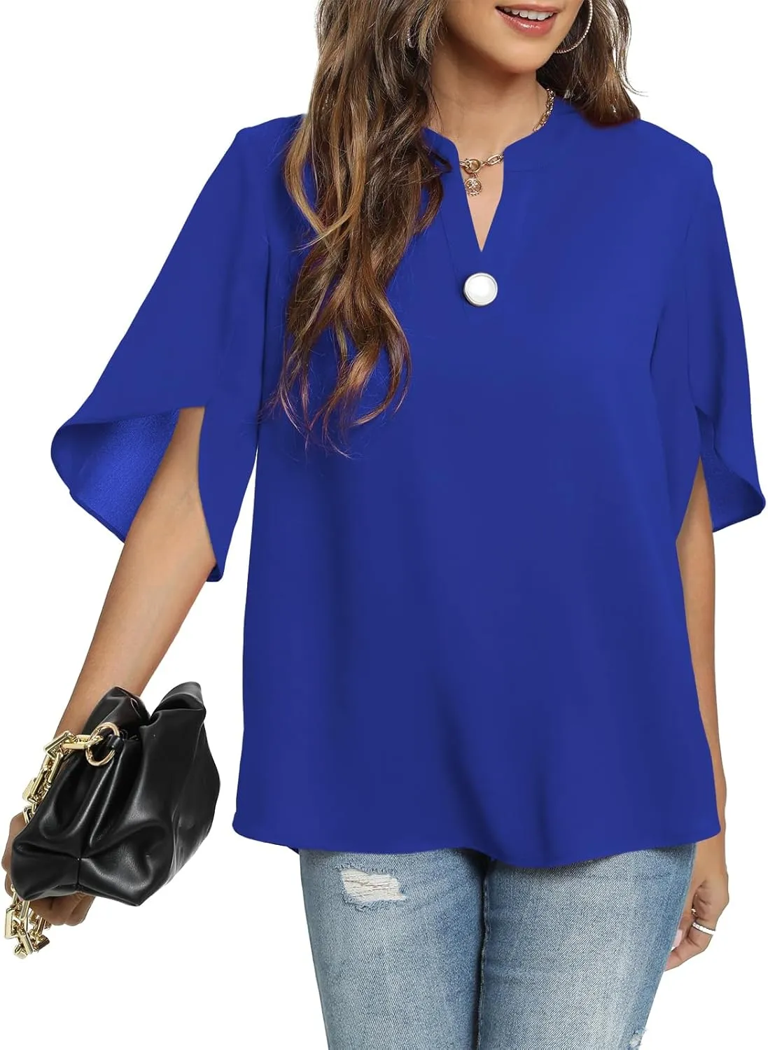 Funlingo Women's Summer Tops Short Sleeve Casual Shirts V Neck Chiffon Dressy Blouse Tops