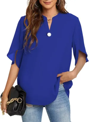 Funlingo Women's Summer Tops Short Sleeve Casual Shirts V Neck Chiffon Dressy Blouse Tops