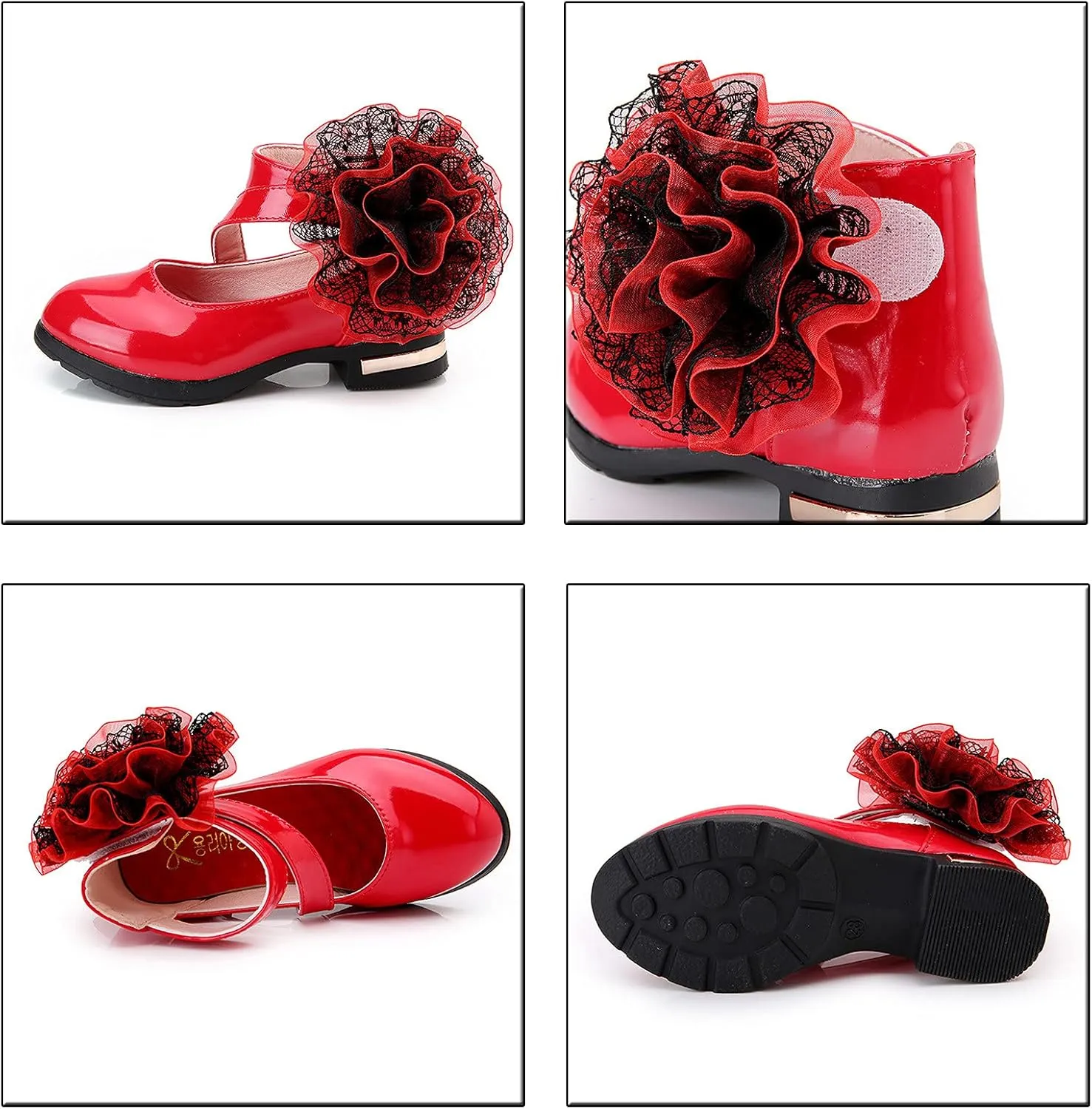 Girls Flowers PU Leather Dress Shoes Strap Slip on Princess Mid Heel Dance Walking Shoes for Wedding Party School (Red-06#AB, 12-12.5Years)