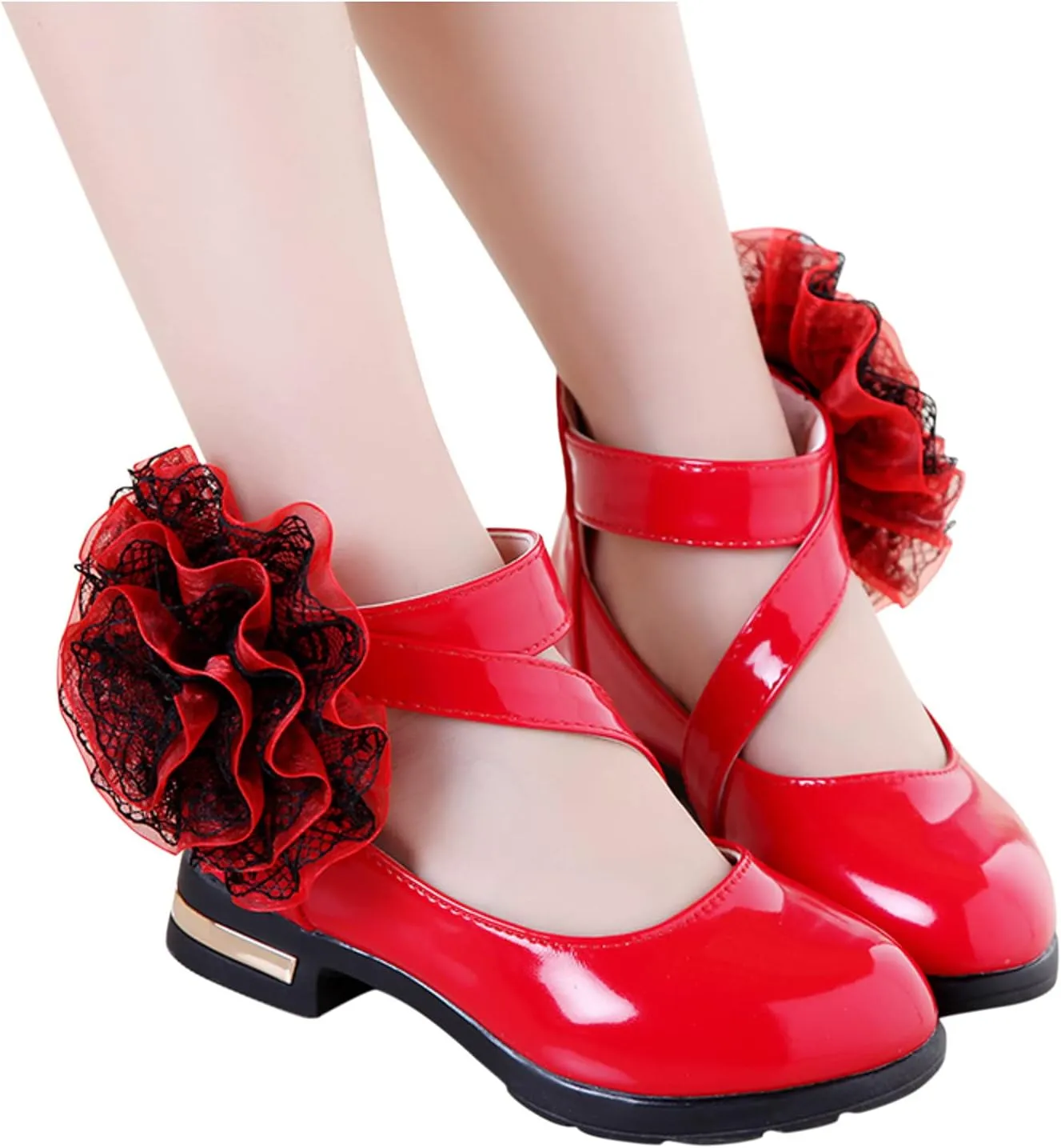 Girls Flowers PU Leather Dress Shoes Strap Slip on Princess Mid Heel Dance Walking Shoes for Wedding Party School (Red-06#AB, 12-12.5Years)