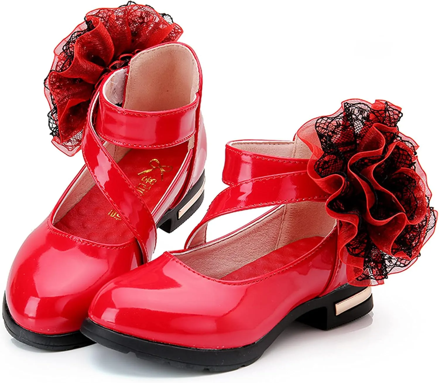 Girls Flowers PU Leather Dress Shoes Strap Slip on Princess Mid Heel Dance Walking Shoes for Wedding Party School (Red-06#AB, 12-12.5Years)
