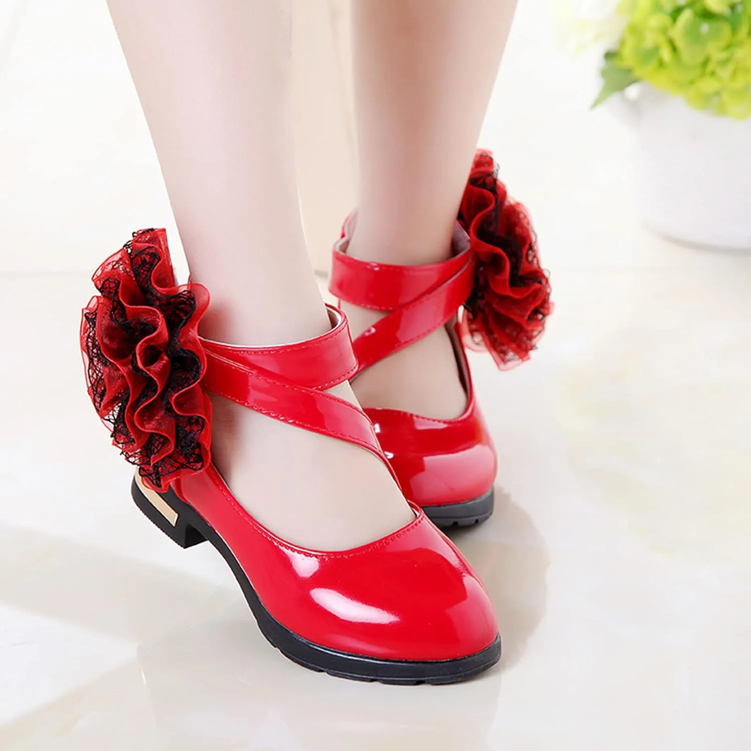Girls Flowers PU Leather Dress Shoes Strap Slip on Princess Mid Heel Dance Walking Shoes for Wedding Party School (Red-06#AB, 12-12.5Years)