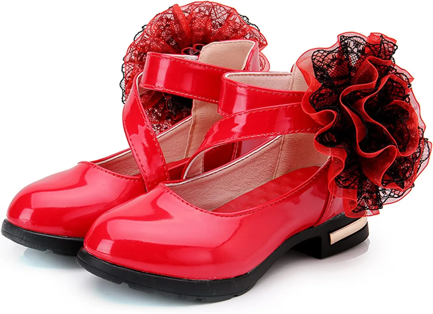 Girls Flowers PU Leather Dress Shoes Strap Slip on Princess Mid Heel Dance Walking Shoes for Wedding Party School (Red-06#AB, 12-12.5Years)