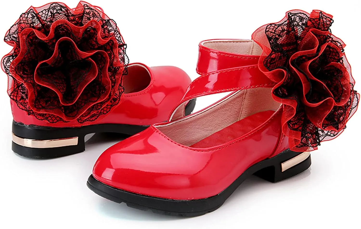 Girls Flowers PU Leather Dress Shoes Strap Slip on Princess Mid Heel Dance Walking Shoes for Wedding Party School (Red-06#AB, 12-12.5Years)