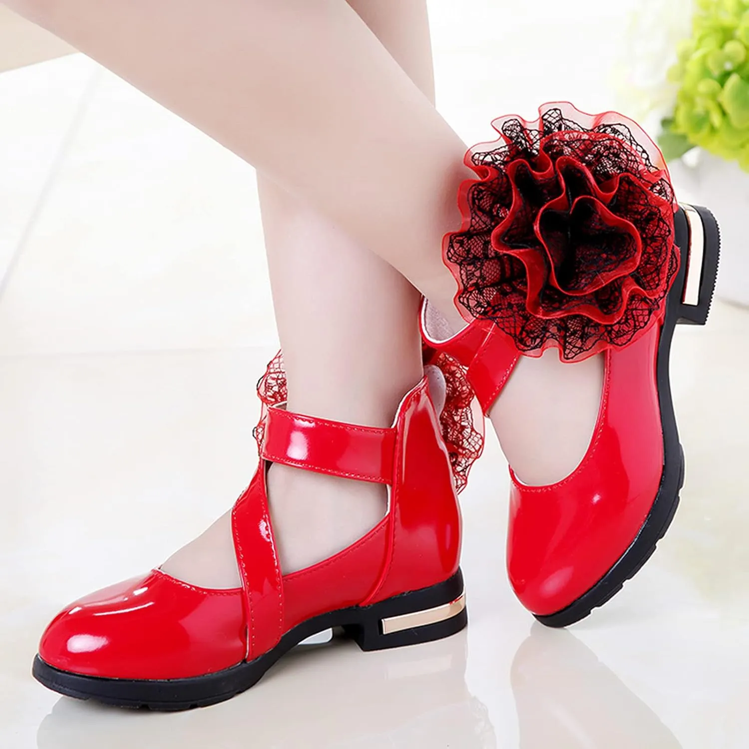 Girls Flowers PU Leather Dress Shoes Strap Slip on Princess Mid Heel Dance Walking Shoes for Wedding Party School (Red-06#AB, 12-12.5Years)