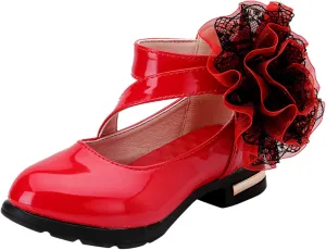 Girls Flowers PU Leather Dress Shoes Strap Slip on Princess Mid Heel Dance Walking Shoes for Wedding Party School (Red-06#AB, 12-12.5Years)