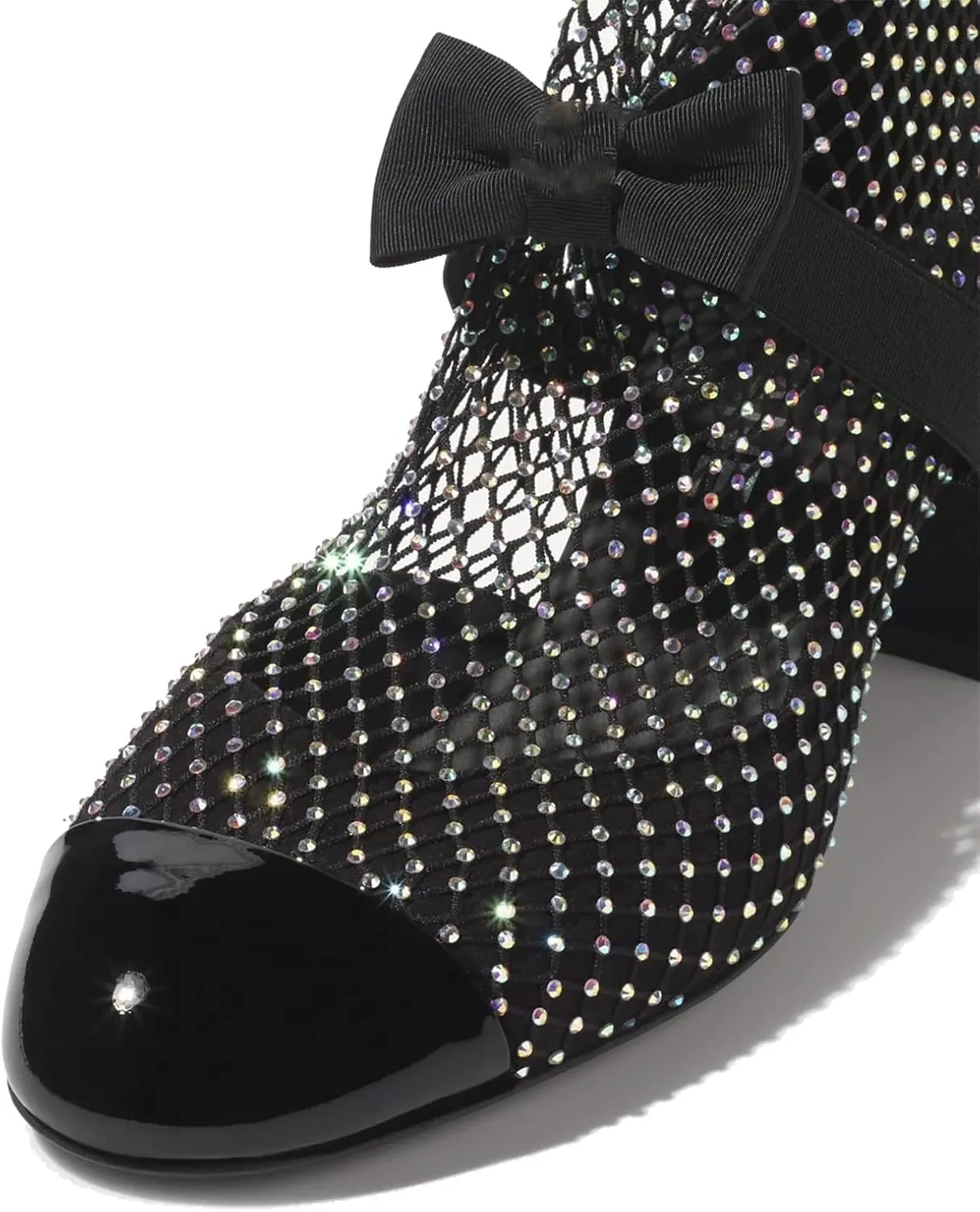Goolita Rhinestone Bow Slip On Mesh Boots Patent Leather Round Cloesd Toe Summer Booties Sexy Block Heel Sandals Boots