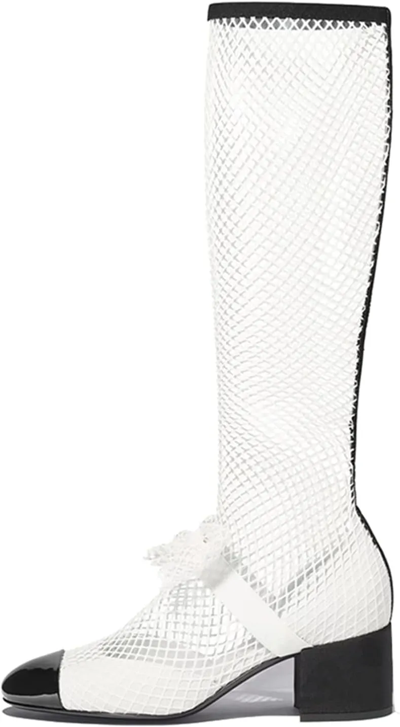 Goolita Rhinestone Bow Slip On Mesh Boots Patent Leather Round Cloesd Toe Summer Booties Sexy Block Heel Sandals Boots