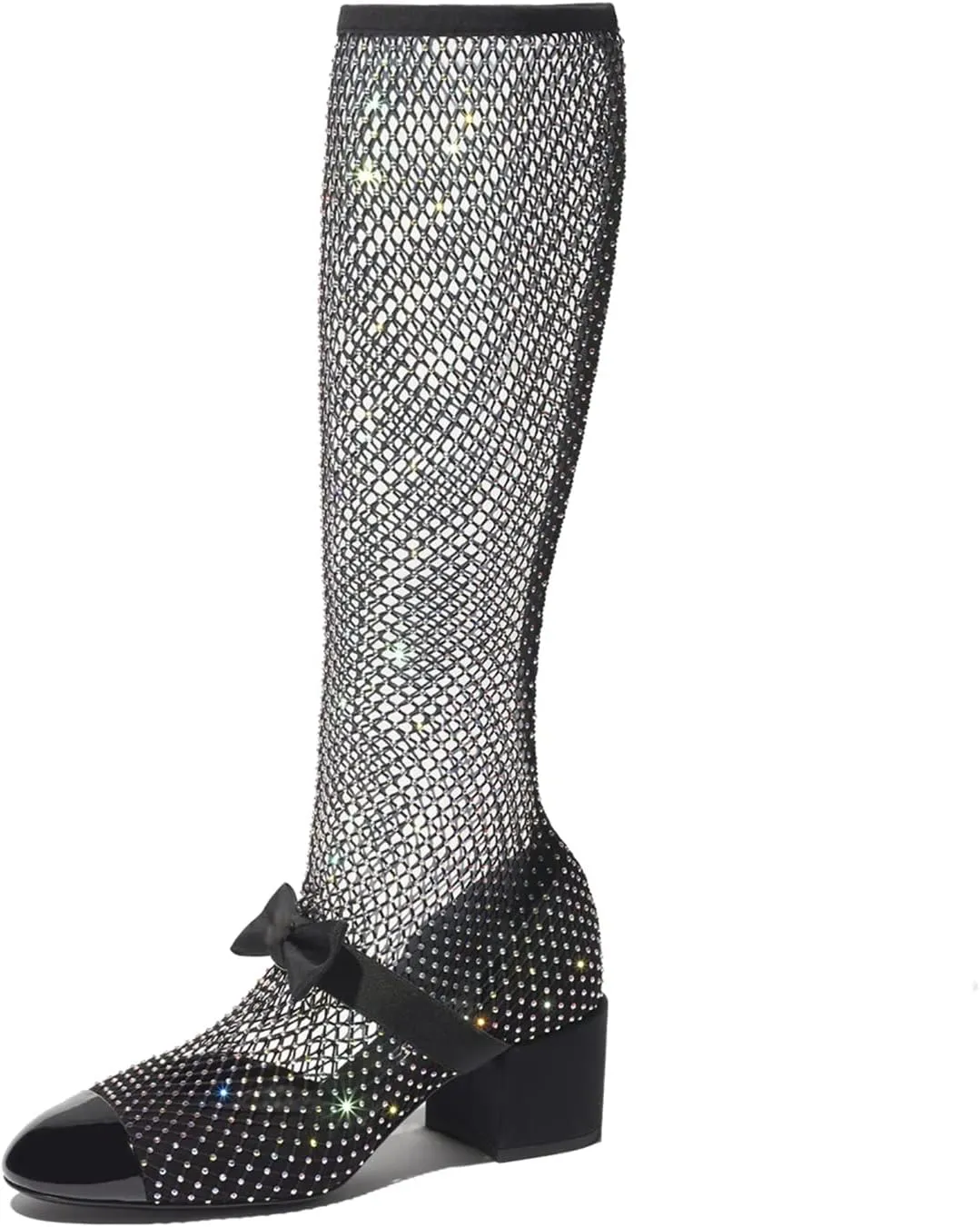 Goolita Rhinestone Bow Slip On Mesh Boots Patent Leather Round Cloesd Toe Summer Booties Sexy Block Heel Sandals Boots