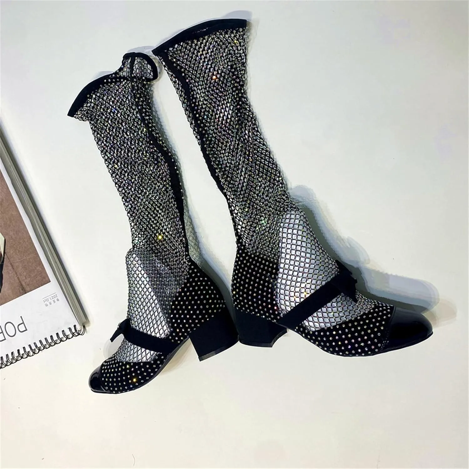 Goolita Rhinestone Bow Slip On Mesh Boots Patent Leather Round Cloesd Toe Summer Booties Sexy Block Heel Sandals Boots