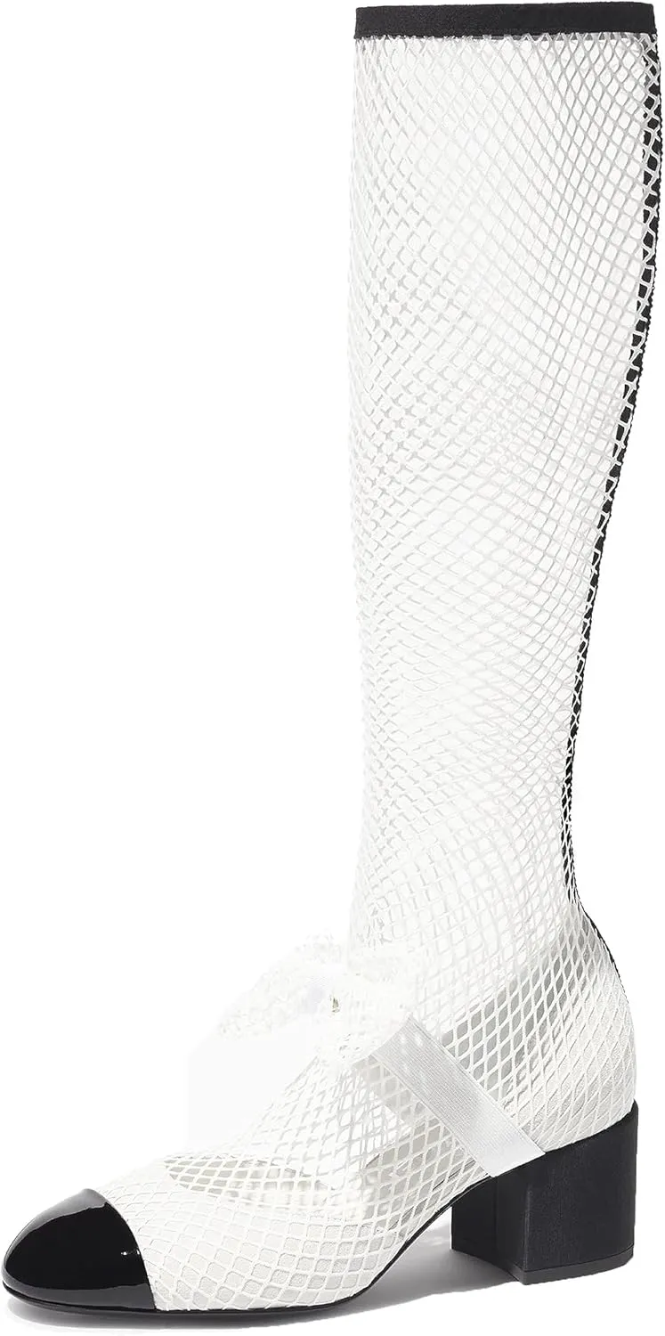 Goolita Rhinestone Bow Slip On Mesh Boots Patent Leather Round Cloesd Toe Summer Booties Sexy Block Heel Sandals Boots