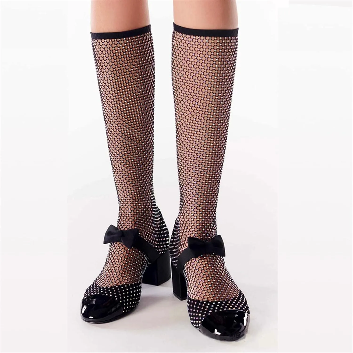 Goolita Rhinestone Bow Slip On Mesh Boots Patent Leather Round Cloesd Toe Summer Booties Sexy Block Heel Sandals Boots