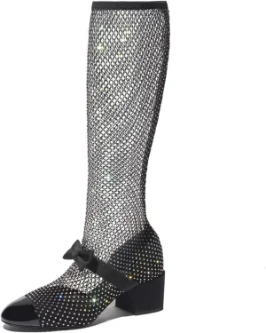 Goolita Rhinestone Bow Slip On Mesh Boots Patent Leather Round Cloesd Toe Summer Booties Sexy Block Heel Sandals Boots