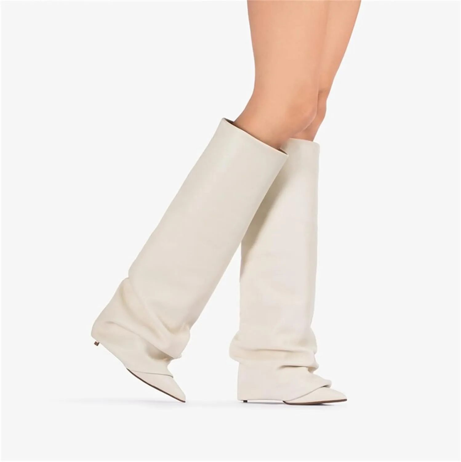 Goolita Women's Stiletto Heel Knee High Boots Pointed Toe Slip On Fold Over Boots For Women Sewing Leather Comfy Dress Boots