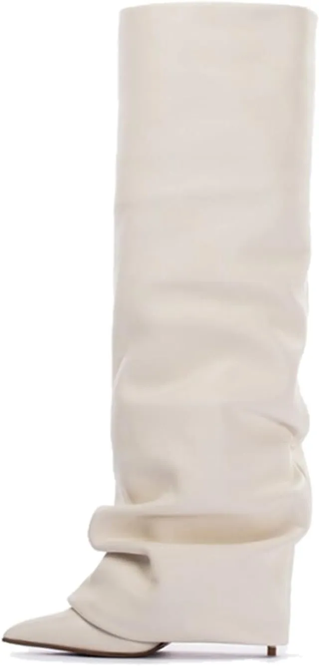 Goolita Women's Stiletto Heel Knee High Boots Pointed Toe Slip On Fold Over Boots For Women Sewing Leather Comfy Dress Boots