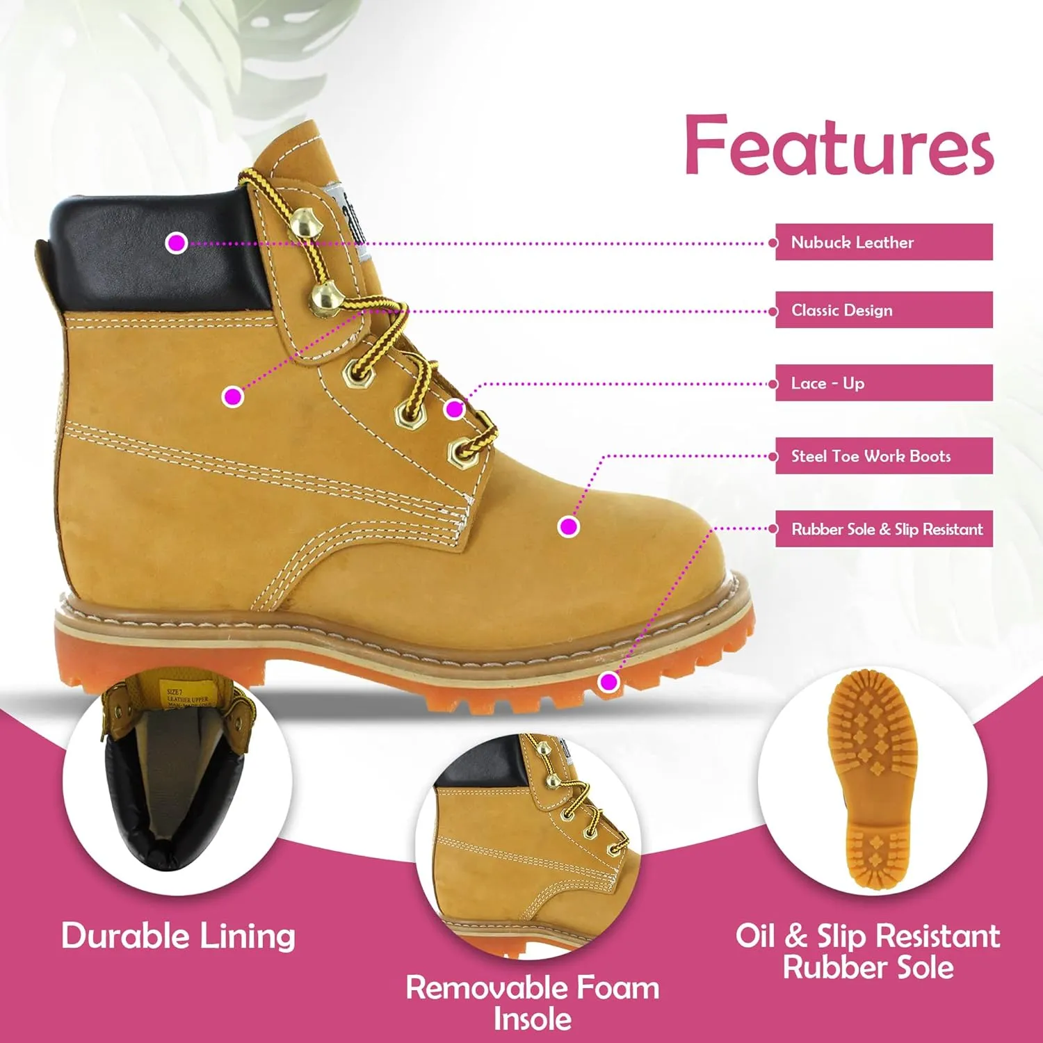 GS003-Tan-7.5W Steel Toe Work Boots - Tan - 7.5W, English, Capacity, Volume, Leather, 7.5W, Tan ()