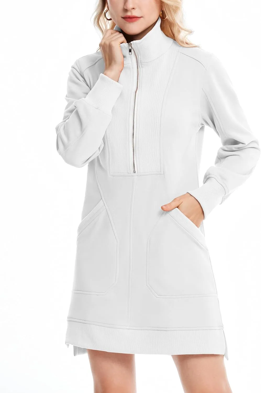 Half Zip Sweatshirt Dress for Women Casual Long Sleeve Mini Dresses V Neck Pullover Tunic Top with Pockets