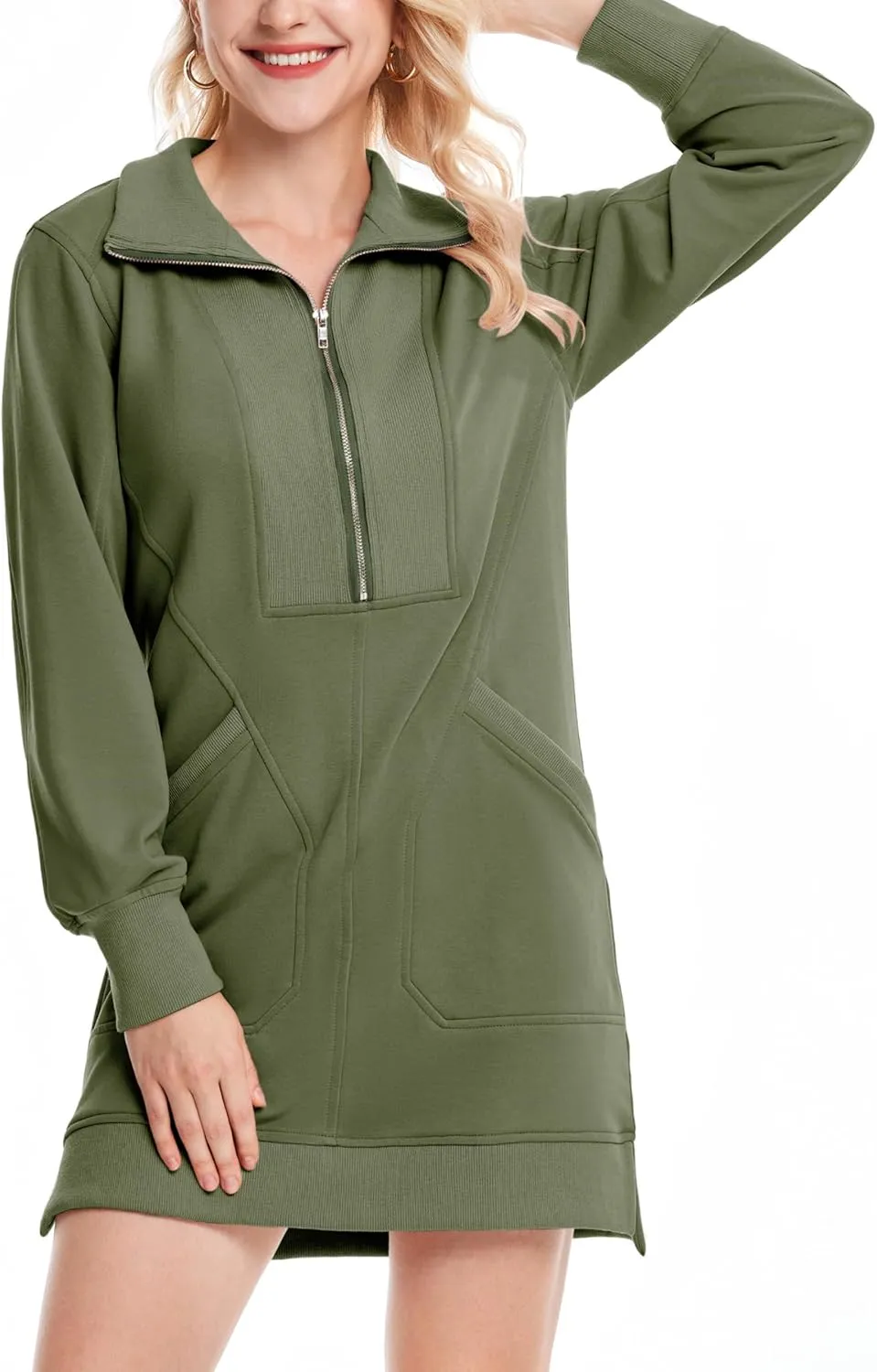 Half Zip Sweatshirt Dress for Women Casual Long Sleeve Mini Dresses V Neck Pullover Tunic Top with Pockets