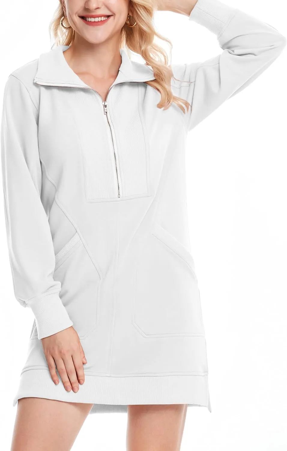 Half Zip Sweatshirt Dress for Women Casual Long Sleeve Mini Dresses V Neck Pullover Tunic Top with Pockets