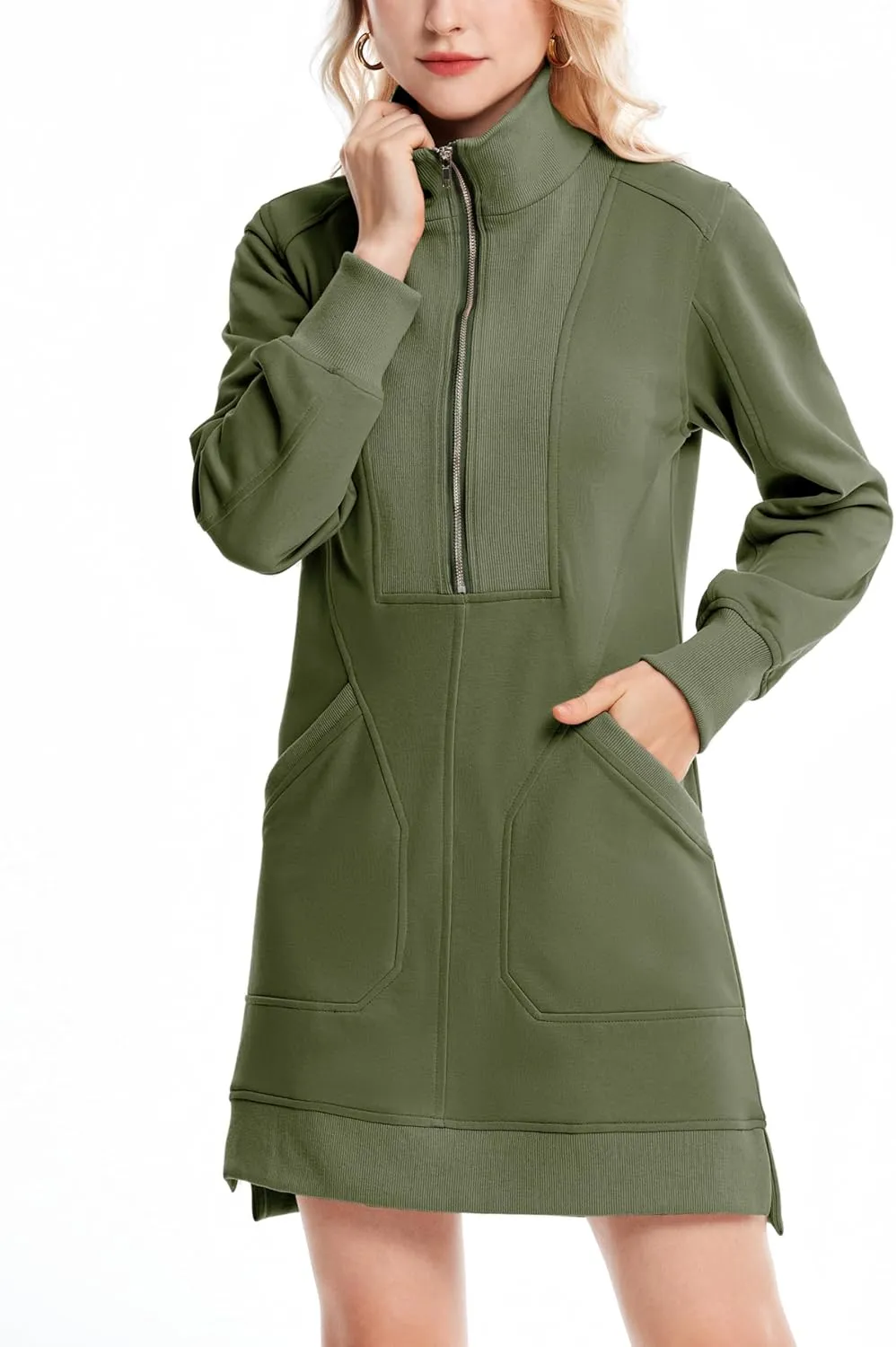 Half Zip Sweatshirt Dress for Women Casual Long Sleeve Mini Dresses V Neck Pullover Tunic Top with Pockets