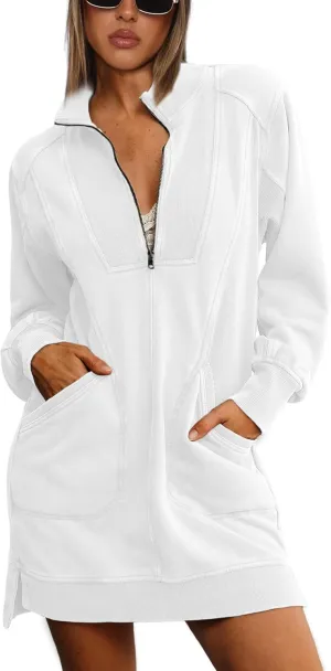 Half Zip Sweatshirt Dress for Women Casual Long Sleeve Mini Dresses V Neck Pullover Tunic Top with Pockets