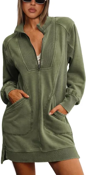 Half Zip Sweatshirt Dress for Women Casual Long Sleeve Mini Dresses V Neck Pullover Tunic Top with Pockets