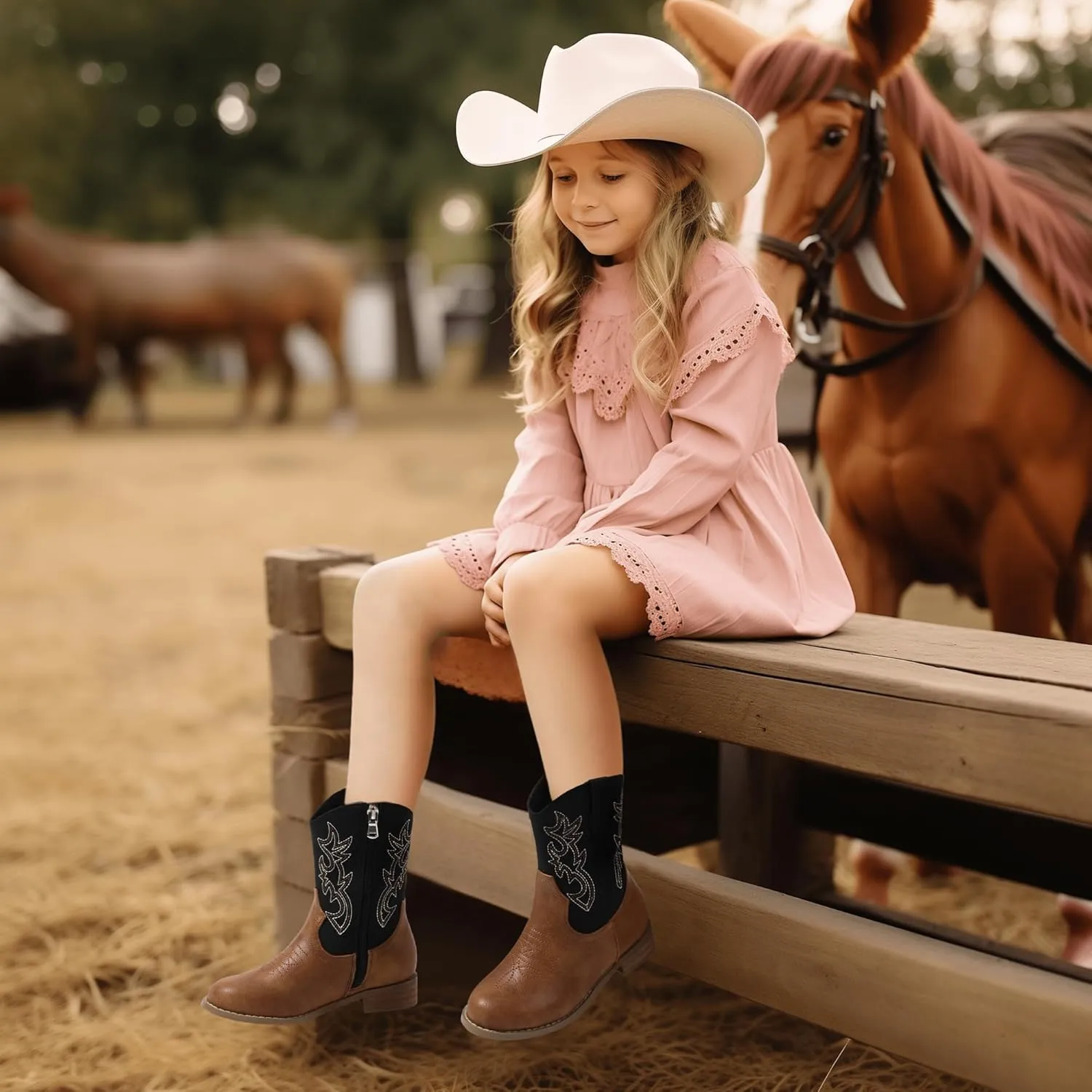 Hehainom Girls Cowboy Cowgirl Boots Boys Kids Toddler Western Mid Calf Zipper Riding Boots for Little Kid Big Kid