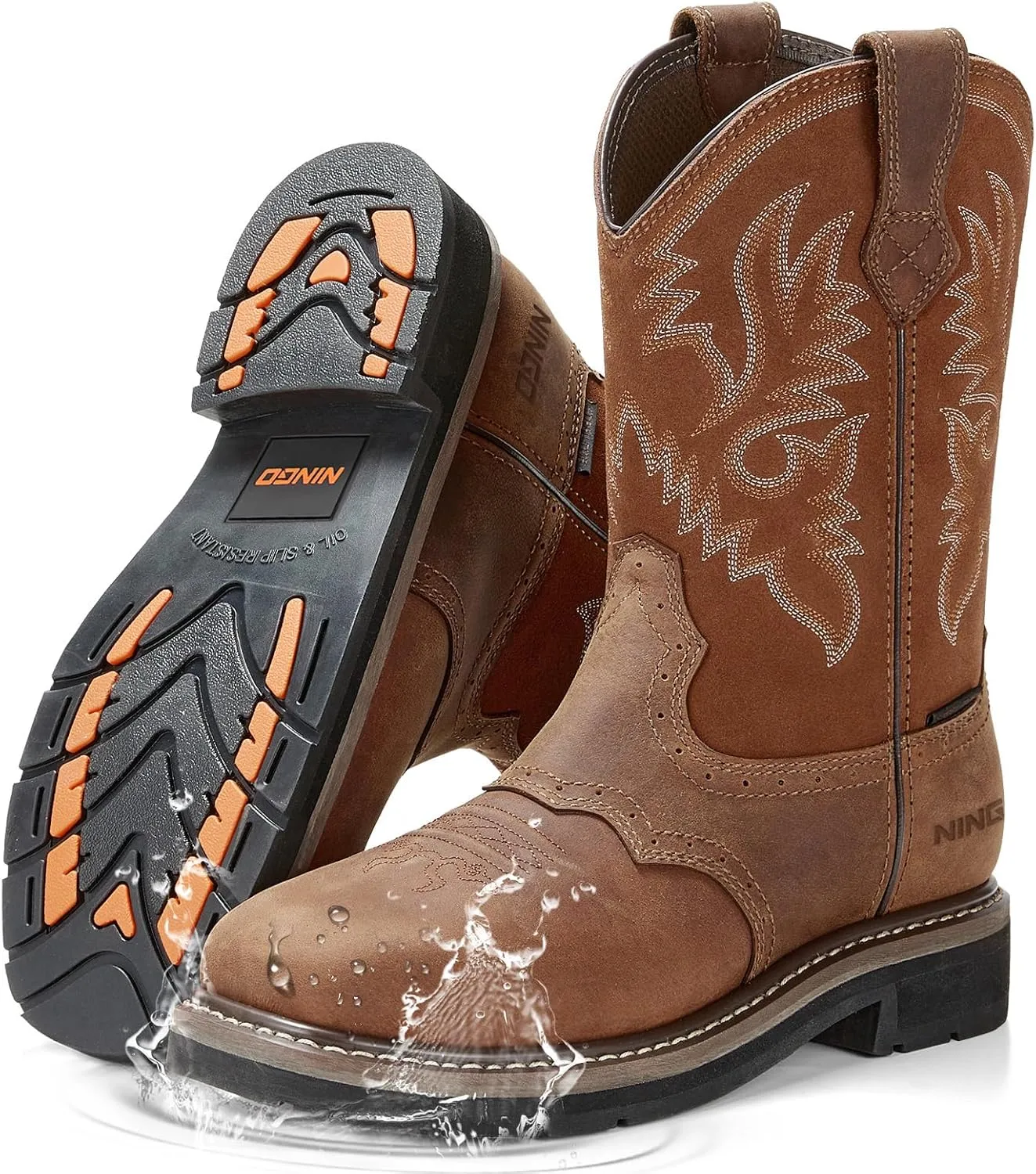 HISEA NINGO Men's Western Cowboy Boots Waterproof Square Toe Steel/Soft Toe Work Boots Men's Slip On Pull On Safety Toe Leather Work Boots for Construction Farming