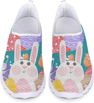 HUIACONG Easter Rabbit Egg Women Slip on Sneakers Colorful Flats Teen Girls Mesh Running Shoes Size 10 Ladies Fashion Trainers for Tennis Outdoor Gym Footwear