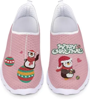 HUIACONG Merry Christmas Penguin Shoes for Women Teen Girls Sneakers Lightweight Workout Gym Tennis Trainers Slip On Walking Running Shoes for Holiday Party, 10 Size