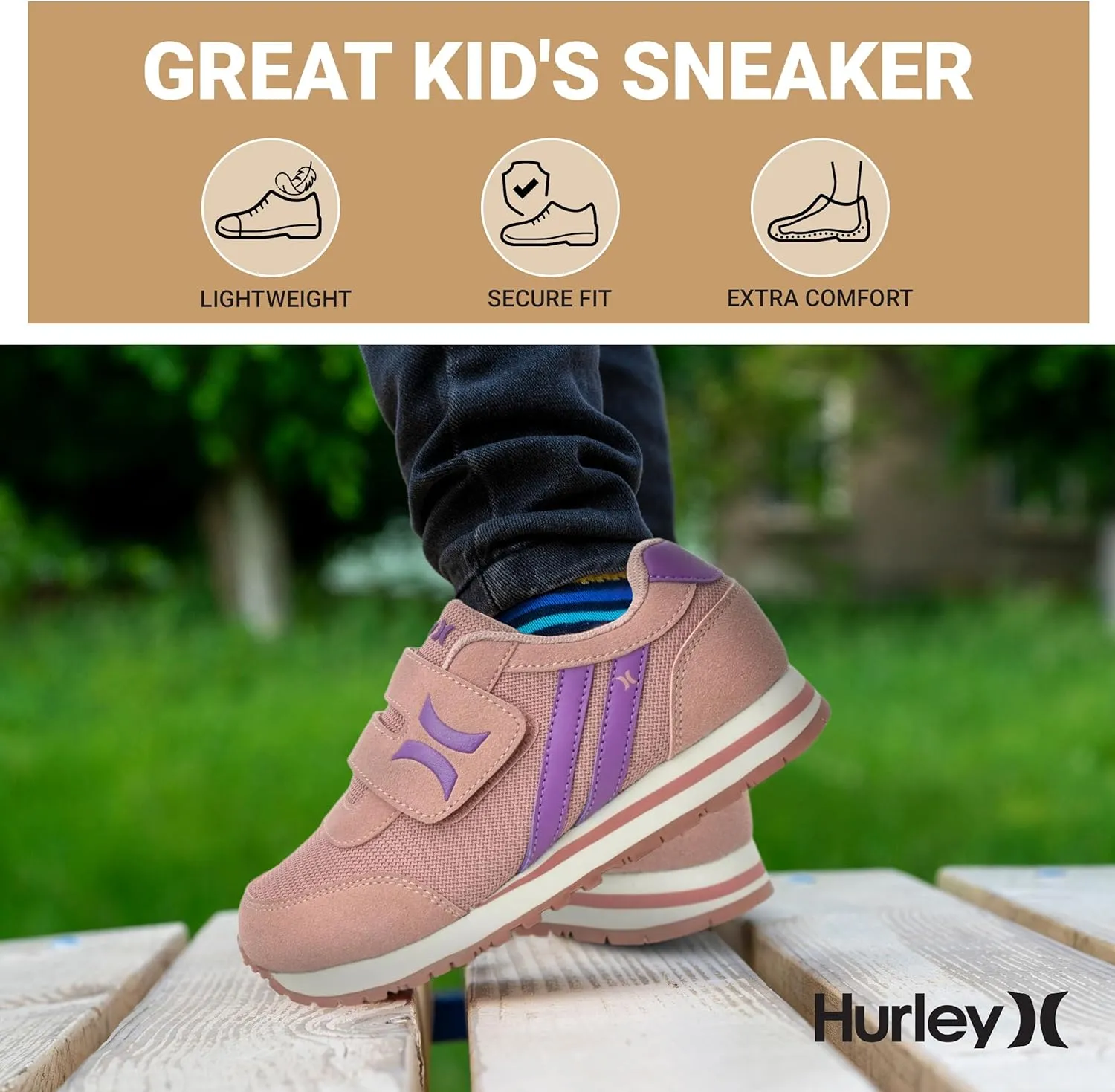 Hurley Kid's Knox Walking Sneakers - Kid's Runner Shoes with Hook & Loop Closure for Easy Wear, Lightweight Running & Walking Shoes for Boys & Girls, Toddler Kid's Sneaker Shoes
