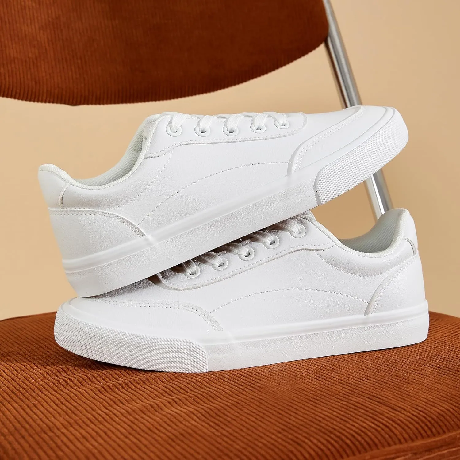 HYPOCRUTE White Leather Sneakers for Women Tennis Shoes Womens Fashion Sneakers Low Top Casual Shoes for Walking