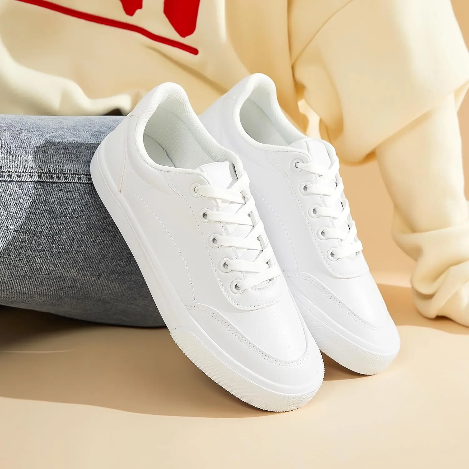 HYPOCRUTE White Leather Sneakers for Women Tennis Shoes Womens Fashion Sneakers Low Top Casual Shoes for Walking