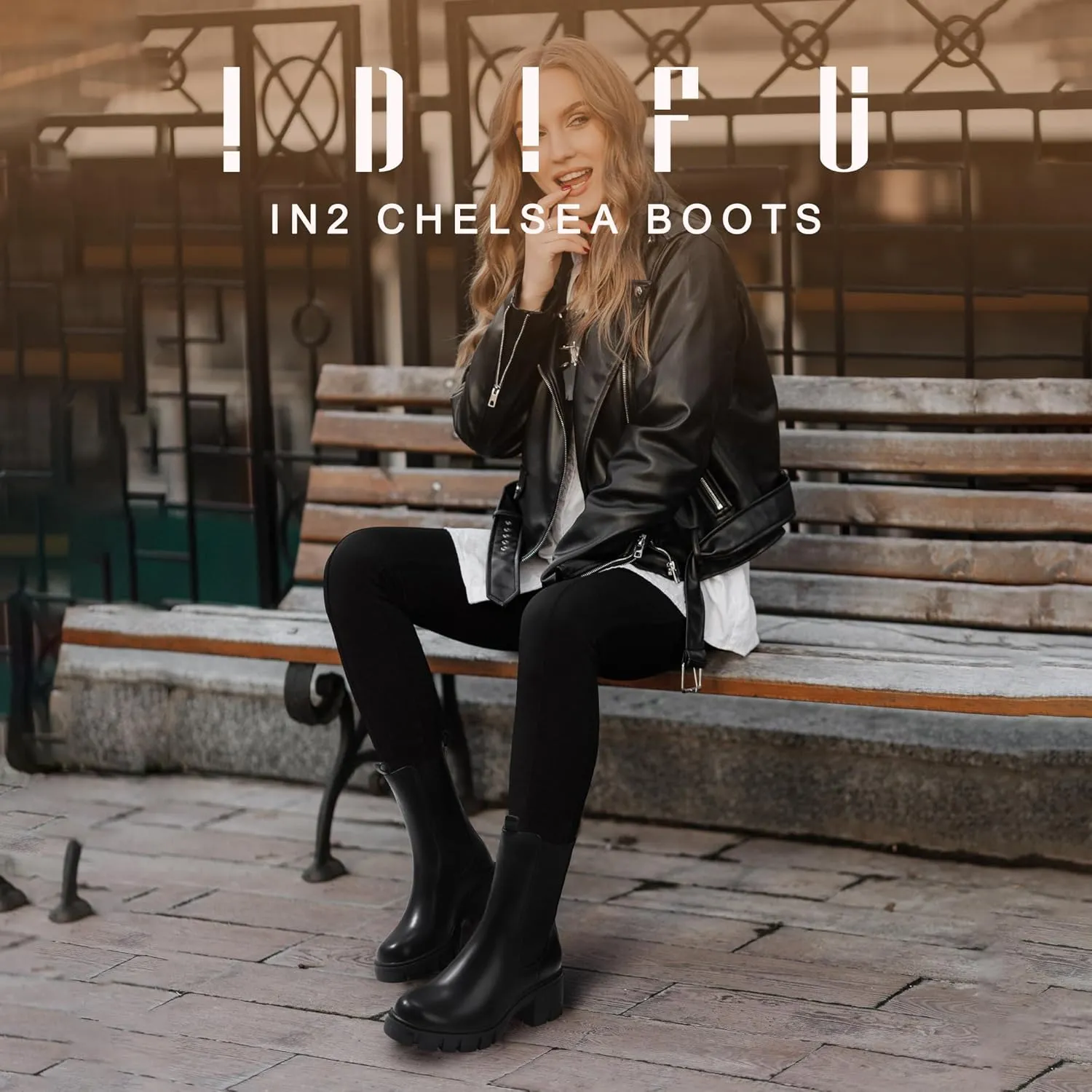 IDIFU IN2 Chelsea Ankle Boots for Women Low Short Block Chunky Heel Mid Calf Slip On Lug Sole Platform Fall Dress Booties Ladies Fashion Comfortable Casual Cute Trendy Elastic Thick Boots