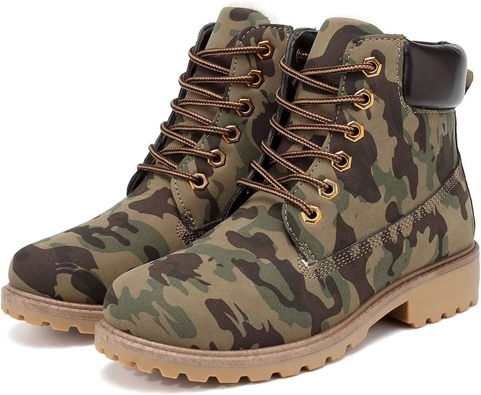 Inornever Winter Snow Boots for Women Waterproof Shoes Flat Lace Up Ankle Booties Low Heel Work Combat Boots