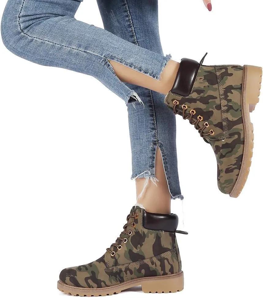 Inornever Winter Snow Boots for Women Waterproof Shoes Flat Lace Up Ankle Booties Low Heel Work Combat Boots