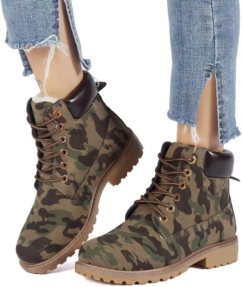 Inornever Winter Snow Boots for Women Waterproof Shoes Flat Lace Up Ankle Booties Low Heel Work Combat Boots