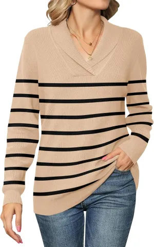 Ivicoer Women Long Sleeve V Neck Pullover Collar Knitted Sweaters