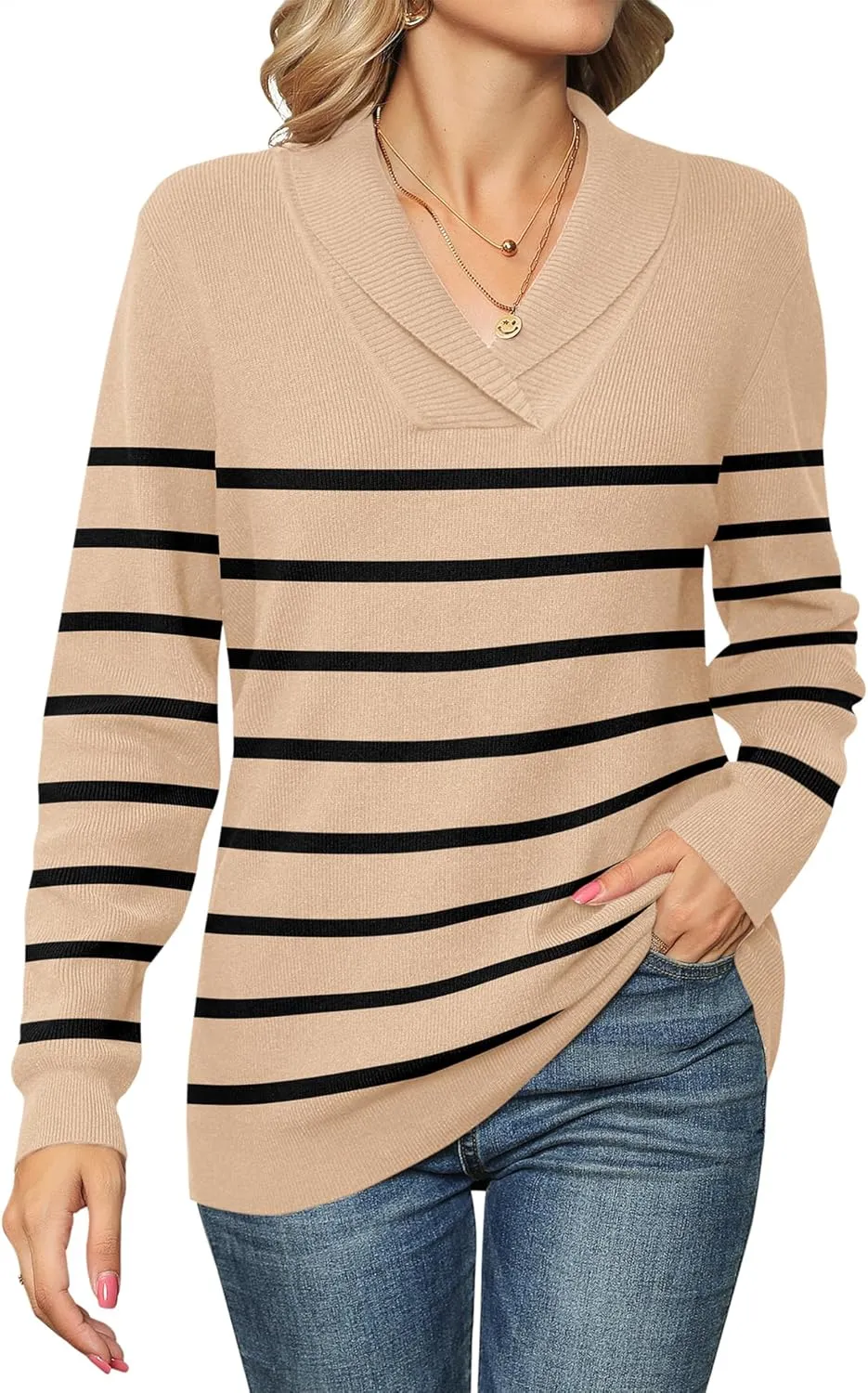 Ivicoer Women Long Sleeve V Neck Pullover Collar Knitted Sweaters