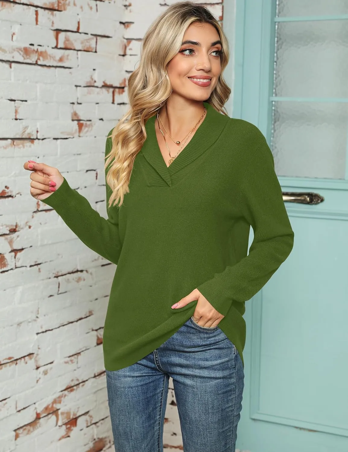 Ivicoer Women Long Sleeve V Neck Pullover Collar Knitted Sweaters