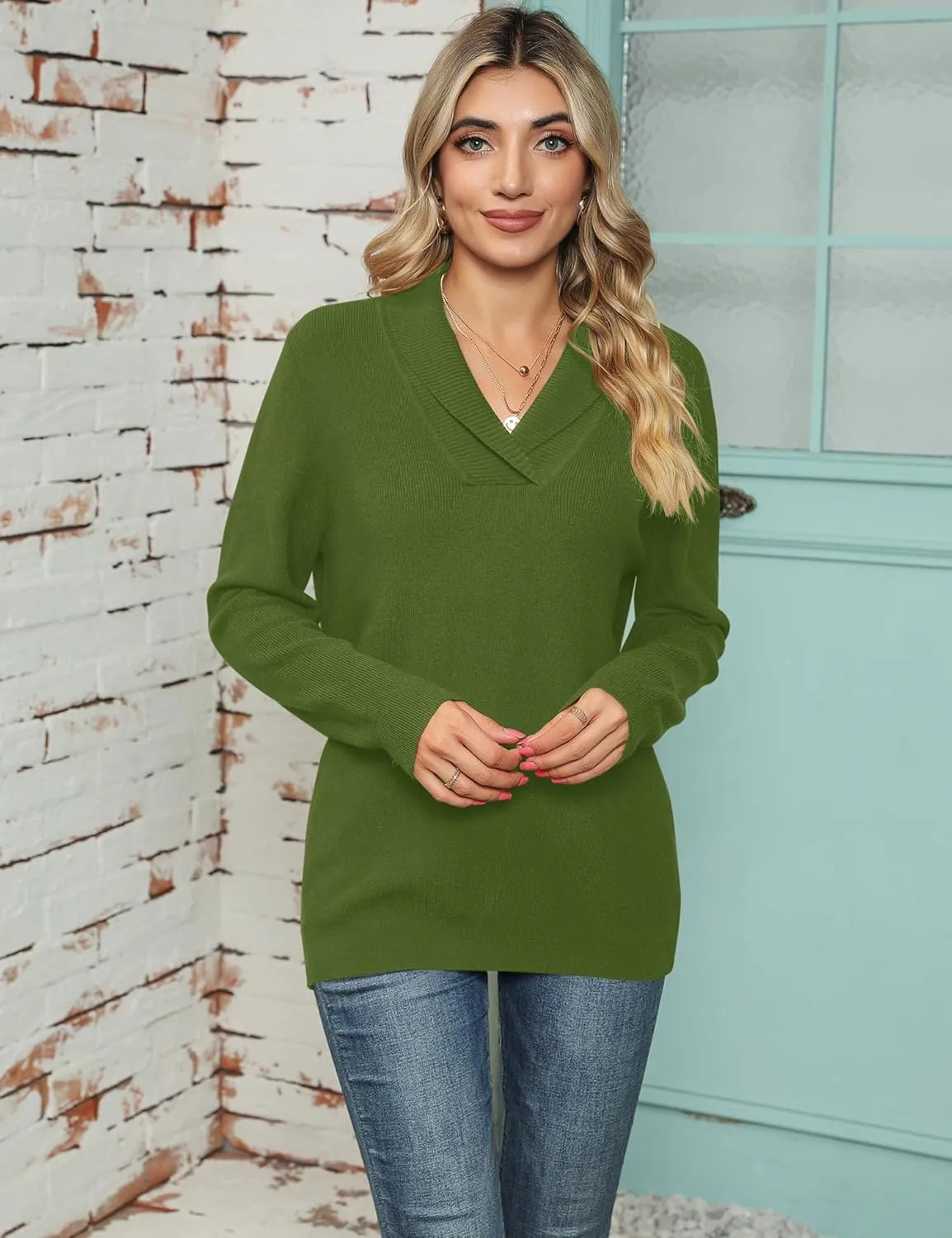 Ivicoer Women Long Sleeve V Neck Pullover Collar Knitted Sweaters