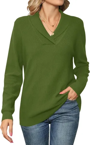 Ivicoer Women Long Sleeve V Neck Pullover Collar Knitted Sweaters