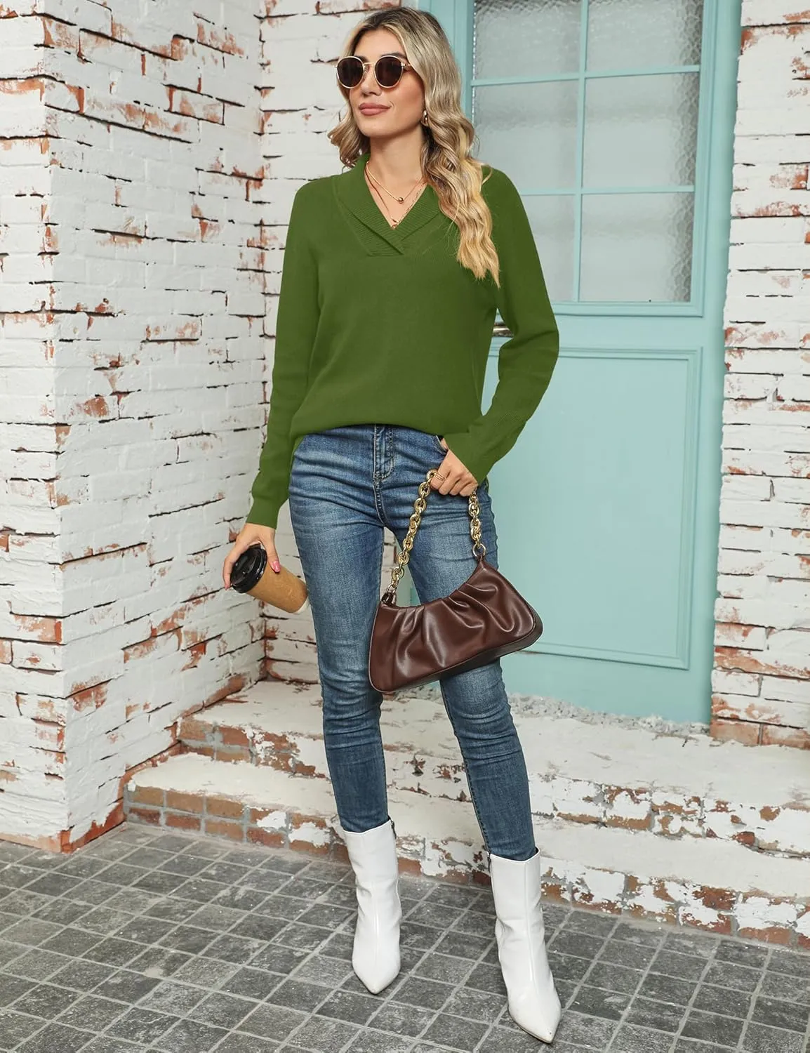 Ivicoer Women Long Sleeve V Neck Pullover Collar Knitted Sweaters